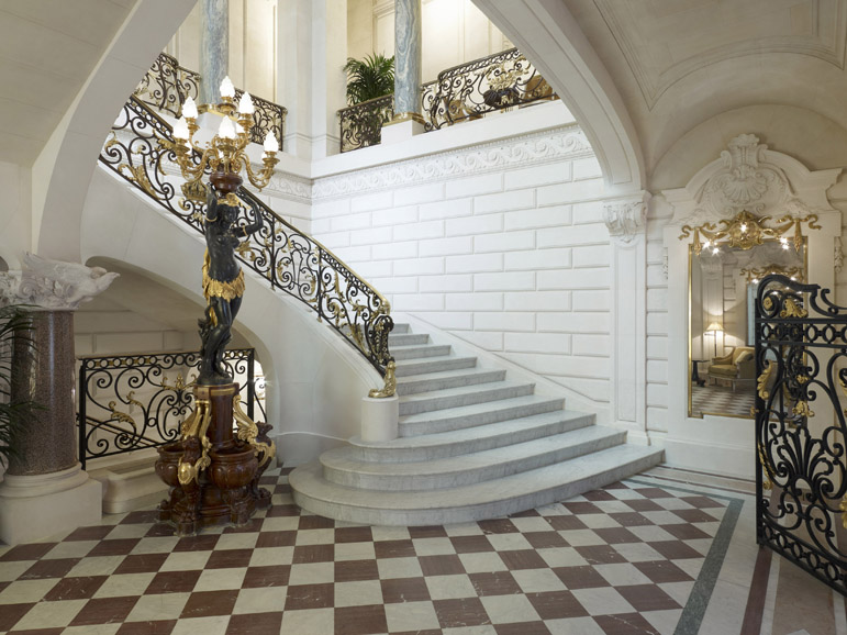 A historical staircase at The Shangri-La Hotel Paris. Photograph courtesy The Shangri-La Hotel Paris. 