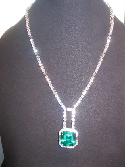 A showstopper: A diamond necklace with an 18.76-carat emerald pendant.
