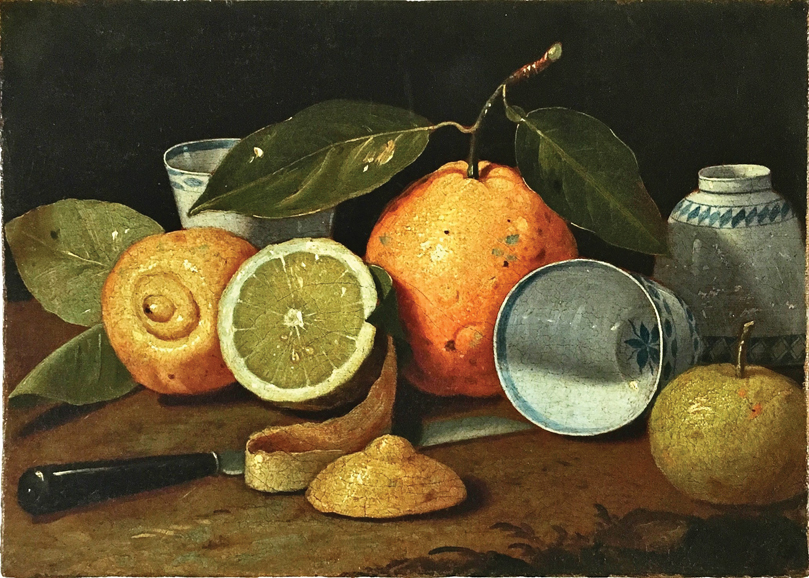 Cristofaro Munari, attrib. (Italian, 1667– 1720) A quince, an apple, two lemons, and three blue and white cups], ca. 1700 Oil on canvas. Courtesy Oak Spring Garden Library.