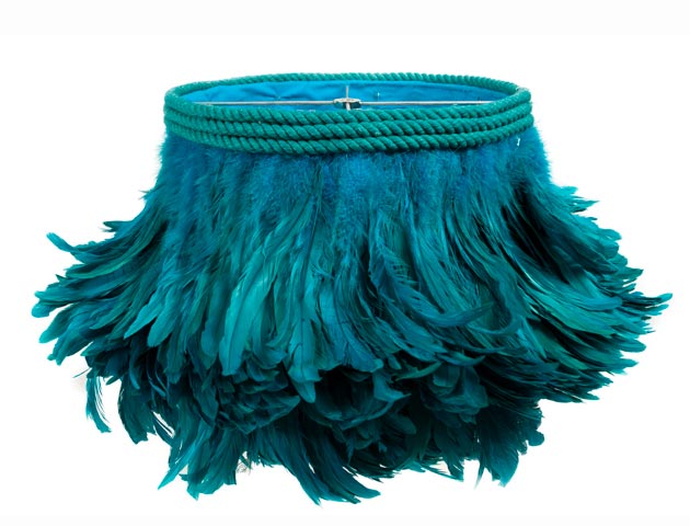 A feather chandelier in teal, available at Dakor Home in Greenwich. Photograph courtesy Dakor Home.
