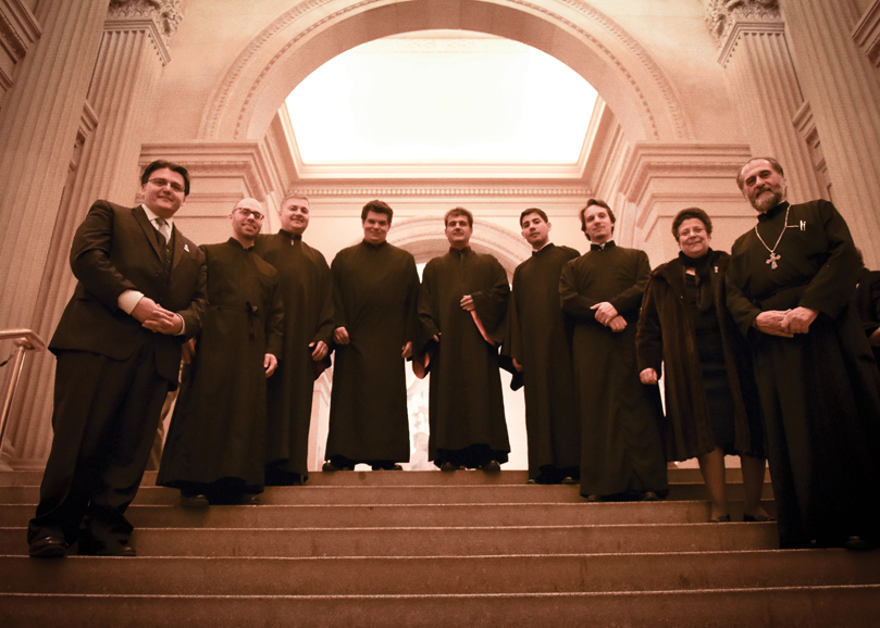 The Axion Estin Foundation's chanters before a Byzantine Pop-Up performance at The Metropolitan Museum of Art. Photograph by Christopher Alexander Fiore.