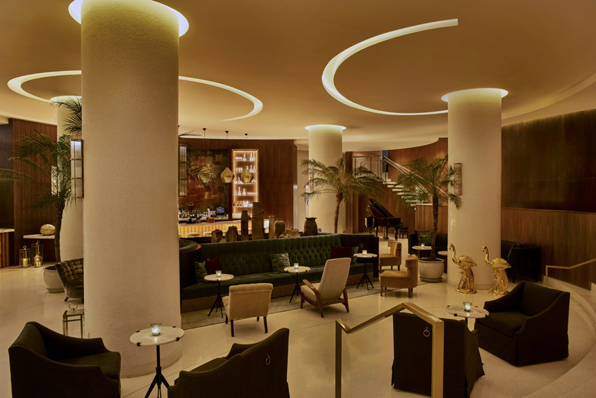 Nautilus South Beach Lobby Bar with “Stairway to Nowhere.” Photograph courtesy Nautilus South Beach.