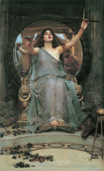 Circe brandishes a large wand while offering a cup to Odysseus (pictured in the mirror), in a scene from Homer’s Odyssey. Circe uses her wand to turn Odysseus’ men into animals.
	John William Waterhouse, Circe Offering the Cup to Odysseus, 1891.
	Oil on canvas.
	Gallery Oldham, Oldham, UK
