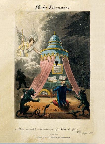 A depiction of a magical ceremony from the 19th century. The caption underneath (not shown) reads: “Such were the mystic rites, ceremonies and incantation used by the ancient Theurgists to burst asunder the bonds of natural order, and to obtain an awful intercourse with the World of Spirits.”
	A theurgist performs rituals to exercise divine powers on earth, 19th century. Colored aquatint.
	Wellcome Library, London; Wellcome Images
