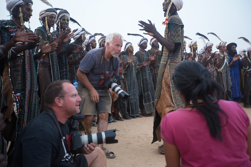 From left, Larry Lawson, John Rizzo and Katherine Carlos working inside the Gerewol Festival circle.