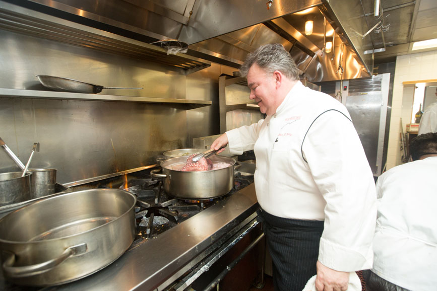 Chef Peter Kelly in the kitchen at his restaurant in Yonkers, X2O Xaviars on the Hudson. Photograph by John Rizzo. 