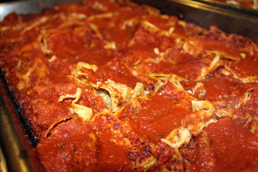 A closeup of the homemade meat lasagna. Photograph by Aleesia Forni.