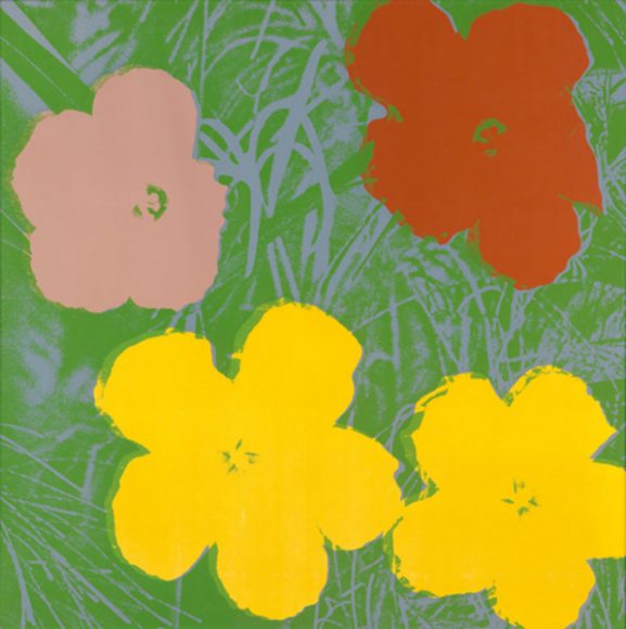 Andy Warhol, “Flowers,” 1970, color silkscreen on heavy wove paper, 36 x 36 inches, signed and numbered on the reverse. Courtesy Heather Gaudio Fine Art