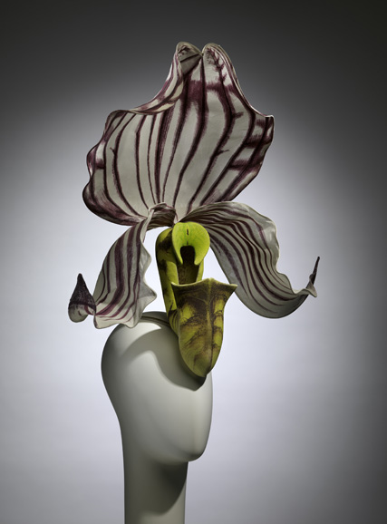 “Paphiopedilum Philippinese Orchid” Hat, Philip Treacy (British, born Ireland, 1967), spring/summer 2000 haute couture; The Metropolitan Museum of Art, Gift of Philip Treacy and Isabella Blow, in honor of Harold Koda, 2016 (2016.182). © The Metropolitan Museum of Art, Photo by Anna-Marie Kellen.
