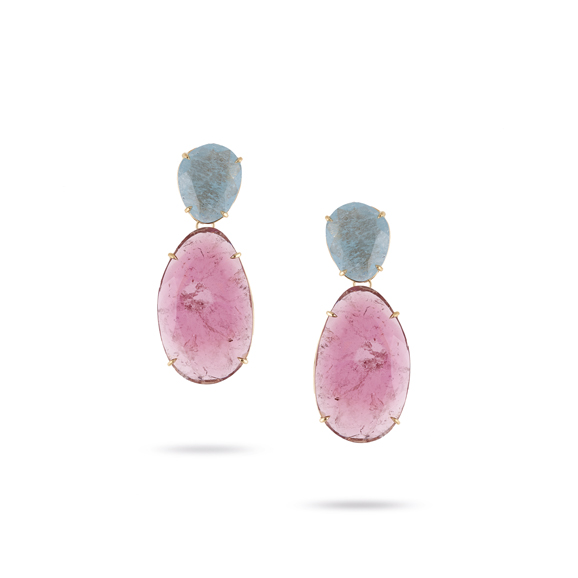 Unico aquamarine and pink tourmaline drop earrings, $10,350. Photograph courtesy Marco Bicego.