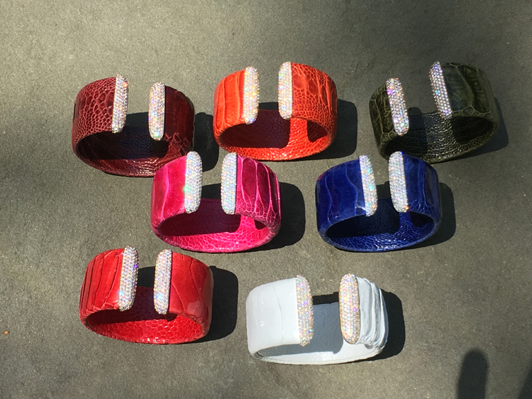 Ostrich Cuff Bracelet in a variety of colors, $650 each. Photograph courtesy Isabel Dunay.