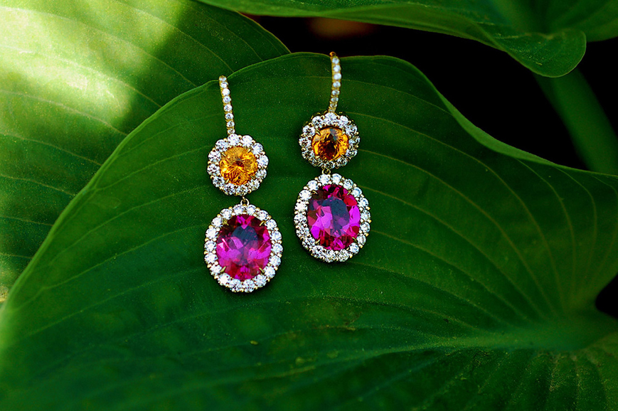 Pink Tourmaline and Mandarin Garnet Drop Earrings, featuring two oval rubellite tourmalines and two round mandarin garnets in 18-karat yellow gold with 1.63 carats of diamonds, $12,000. Photograph courtesy Isabel Dunay. 