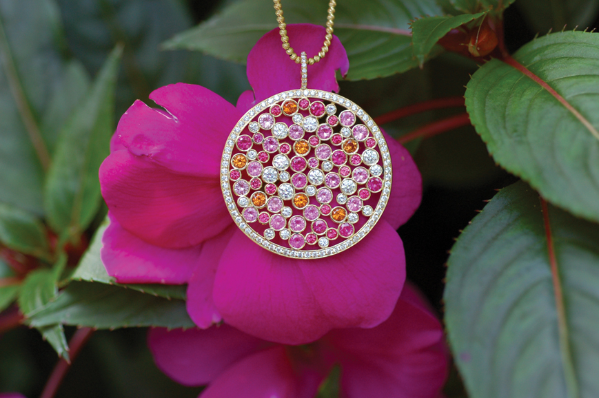 Pink and orange galaxy diamond pendant, handmade in 18-karat gold, $12,000. Photograph courtesy Isabel Dunay.