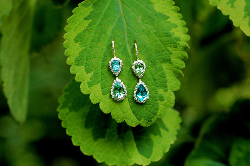 Rare Mint and Blue Tourmaline Drop Earrings in 18-karat yellow gold with 1.63 carats of diamonds, $12,000. Photograph courtesy Isabel Dunay.