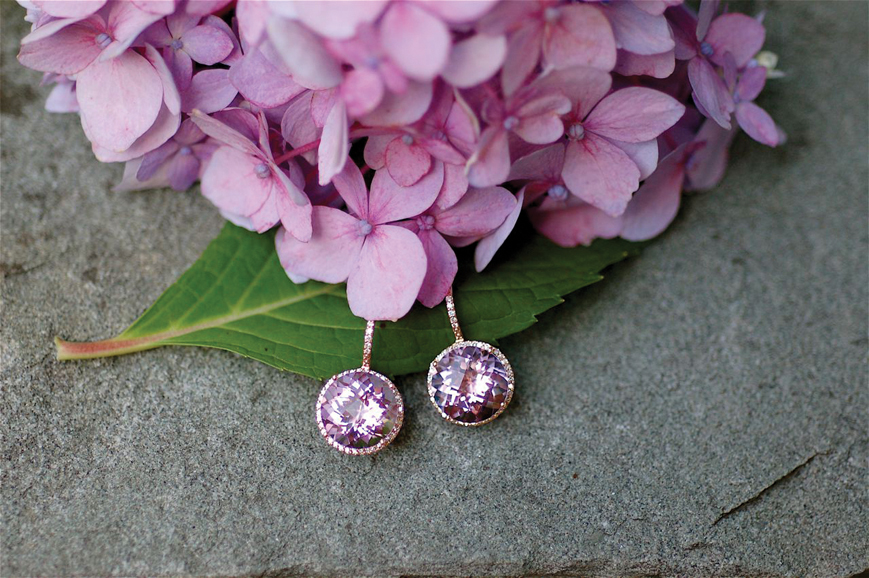 Rue-de-France Earrings in 14-karat rose gold with 15.00 carats of lavender-hued amethysts and .40 carats of diamonds, $1,500. Photograph courtesy Isabel Dunay.