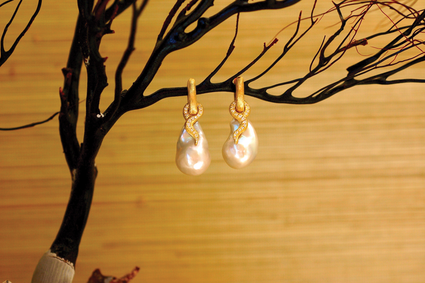South Sea natural pearl earrings in 18-karat, hand-etched gold, $3,800. Photograph courtesy Isabel Dunay.