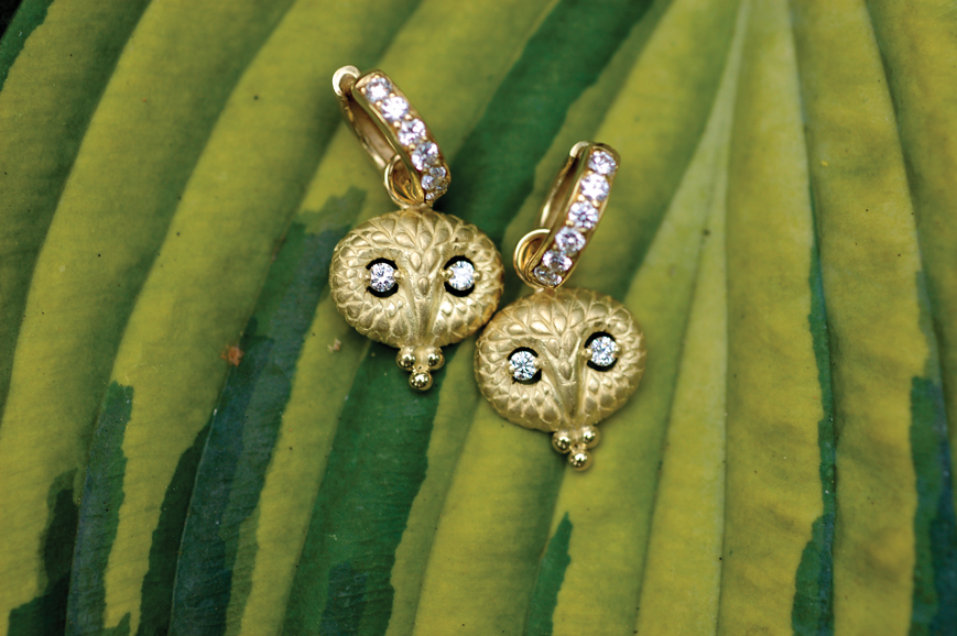 Wise owl charm earrings in 18-karat gold with .40 carats of white diamonds, $1,400. Photograph courtesy Isabel Dunay.