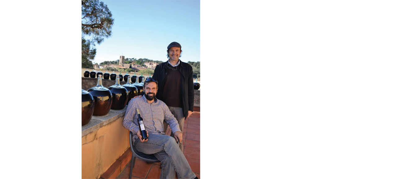 David Molas Alberti (seated), winemaker and owner of Vinyes Del Apres winery, with export manager, Ricard Zamora Islanda 
at their winery in the foothills of the Pyrenees in the Catalan region of Spain. Photograph by Doug Paulding.