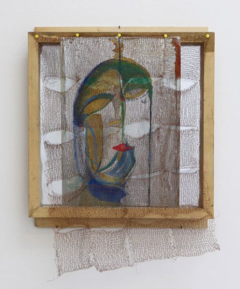 Marisa Merz (Italian, born 1926). “Untitled.” 2009. Painted metal sheets, copper wire, wooden frame. 29 1/2 × 21 1/4 × 5 1/2 in. (75 × 54 × 14 cm). Private collection, Switzerland; courtesy of Monica De Cardenas Gallery, Milan and Zuoz. Photo by Paolo Pellion di Persano.