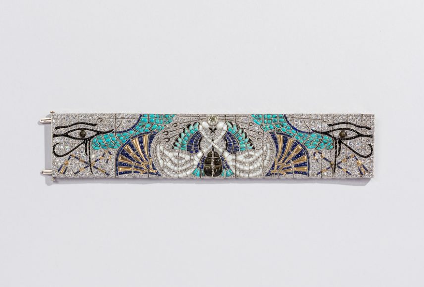 Bracelet: Egyptian Bracelet, ca. 1925; Produced by Lacloche Frères (Paris, France); Diamonds, turquoise, sapphires, mother-of-pearl, onyx, black pearls, smoky quartz, tourmaline, gold, platinum; 17.9 × 4 cm (7 1/16 × 1 9/16 in.); Private Collection; Photograph by Matt Flynn, courtesy Cooper Hewitt, Smithsonian Design Museum.
