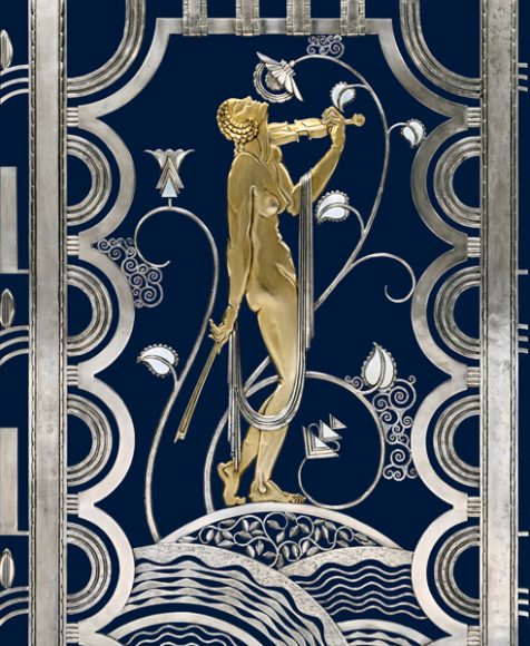 Muse: Muse with Violin Screen (detail), c. 1930. Rose Iron Works, Inc. (American, Cleveland, est. 1904). Paul Fehér (Hungarian, 1898–1990), designer. Wrought iron, brass; silver and gold plating; 156.2 x 156.2 cm. The Cleveland Museum of Art, On Loan from the Rose Iron Works Collections, LLC, 352.1996. ©Rose Iron Works Collections, LLC. Photograph courtesy Cooper Hewitt, Smithsonian Design Museum.
