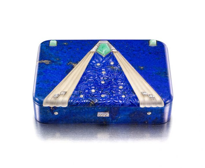 Box, 1928; Produced by Van Cleef & Arpels (Paris, France); Manufactured by Strauss, Allard & Meyer (France); Lapis lazuli, diamonds, frosted rock crystal, jadeite, white gold; 6 × 7.6 × 1.6 cm (2 3/8 in. × 3 in. × 5/8 in.). Photograph by Doug Rosa. Photograph courtesy Cooper Hewitt, Smithsonian Design Museum.