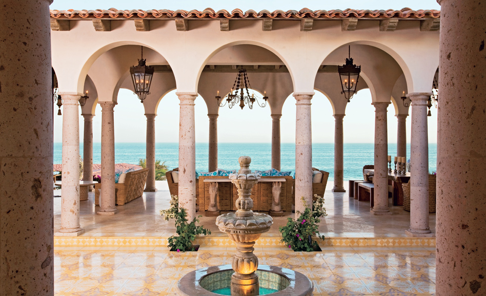 The forecourt of a Mexican hacienda overlooking the Sea of Cortés fuses Italianate and Spanish styles in a stunning outdoor room. Photograph by Geno Perches.
