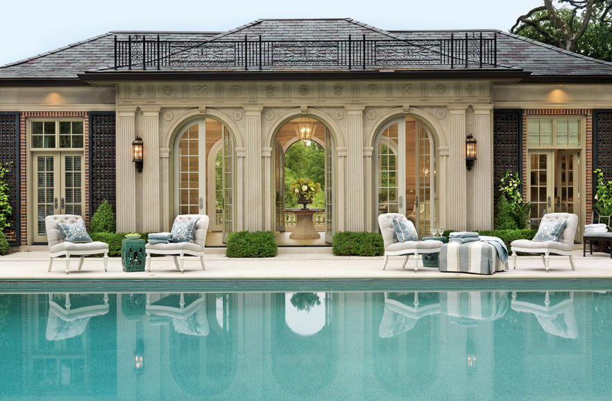 The pool house of a 1920s St. Louis home echoes its Georgian elegance. Photograph by Alise O’Brien.