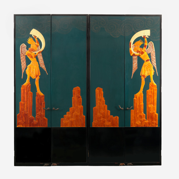 Doors for the Music Room of Mr. and Mrs. Solomon R. Guggenheim, 1925–26; Designed by Seraphin Soudbinine (French, b. Russia 1870–1944); Executed by Jean Dunand (French, b. Switzerland, 1877–1942); Made in Paris, France; Carved, joined, and lacquered wood, eggshell, mother-of-pearl, gold leaf, cast bronze; 271.2 × 65.9 × 7.6 cm (8 ft. 10 3/4 in. × 25 15/16 in. × 3 in.); Cooper Hewitt, Smithsonian Design Museum; Gift of Mrs. Solomon R. Guggenheim. © Smithsonian Institution.