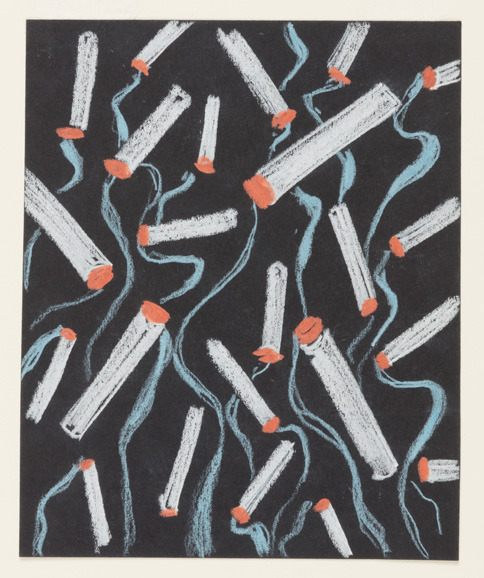 Drawing, Textile Design: Party Ashtray, 1930–31; Designed by Donald Deskey (American, 1894–1989); White, blue, and orange pastel on black wove paper; 16 x 13.1 cm (6 5/16 x 5 3/16 in.); Cooper Hewitt, Smithsonian Design Museum, Gift of Donald Deskey, 1975-11-20; Photograph by Matt Flynn. © Smithsonian Institution.