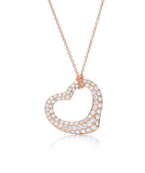Elsa Peretti Open Heart pendant in 18-karat rose gold with diamonds, $9,000. Courtesy Tiffany & Co.