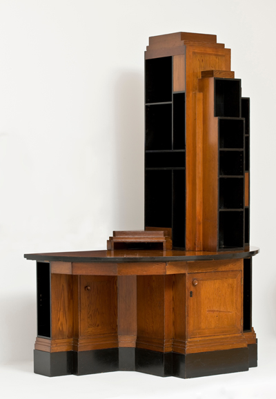 Skyscraper Bookcase Desk, c. 1928. Paul T. Frankl (American, b. Austria, 1886–1958). California redwood, black lacquer; 219.7 x 163.8 x 85.1 cm. Grand Rapids Art Museum, Gift of Dr. and Mrs. John Halick, 1984.7.2.