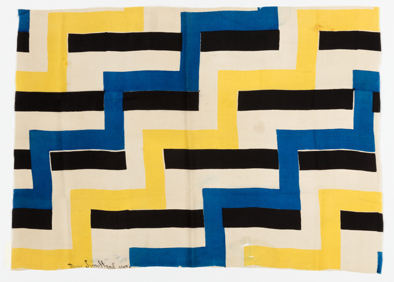 Textile, Tissu Simultané no. 46 (Simultaneous Fabric no. 46), 1924; Designed by Sonia Delaunay (French b. Russia, 1885–1979); Printed silk; 46.5 x 65 cm (18 5/16 x 25 9/16 in.); Cooper Hewitt, Smithsonian Design Museum; Museum purchase through gift of Friedman Benda, Elaine Lustig Cohen, Ruth Kaufmann, Patricia Orlofsky and from General Acquisitions Endowment Fund, 2012-2-1; Photograph © Smithsonian Institution.