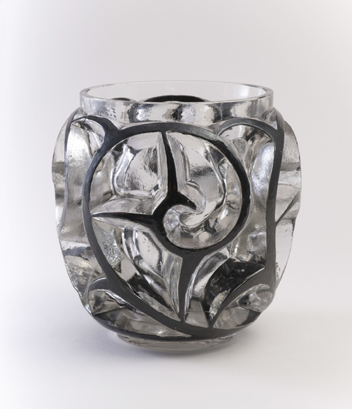 Tourbillons Vase, 1926; Designed by Suzanne Lalique (French, 1892–1989); For René Lalique (French, 1860–1945); Pressed, carved, acid-etched and enameled glass; 20.1 x 17.5 cm (7 15/16 x 6 7/8 in.); Cooper Hewitt, Smithsonian Design Museum; Museum purchase through gift of Anonymous Donor, 1969-20-1; Photo: © Smithsonian Institution.