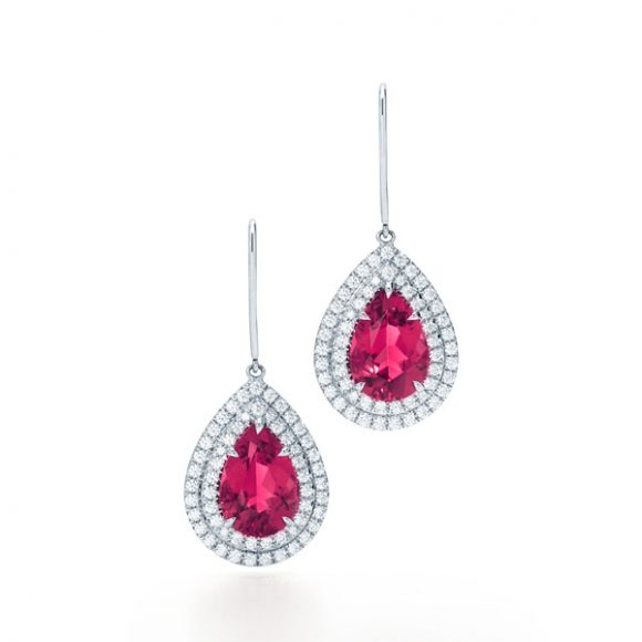 Tiffany Soleste earrings in platinum with rubellites and diamonds, $13,000. Courtesy Tiffany & Co.