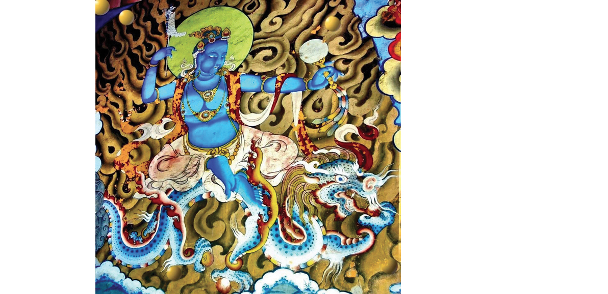 Protector Dorji Kuntrak riding the skies on a dragon at Gangteng Monastery. 