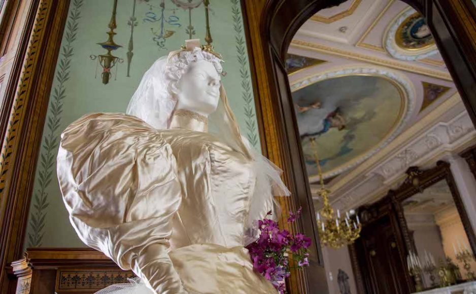 “Wedding Traditions and Fashion from the 1860s to the 1930s” will soon open at the Lockwood-Mathews Mansion Museum in Norwalk. Here, Florence Lockwood’s rich ivory satin gown, 1894, the most fashionable of the wedding season in San Francisco, California. Courtesy Sarah Grote Photography.