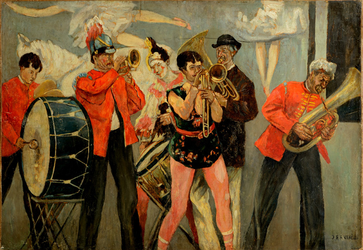 Jean-François Raffaëlli’s “Saltimbanques—The Sideshow Orchestra (Les Saltimbanques—L’Orchestre en parade)” (1884), oil on paper, laid down on canvas. ©
Private collection, photograph courtesy The Metropolitan Museum of Art.