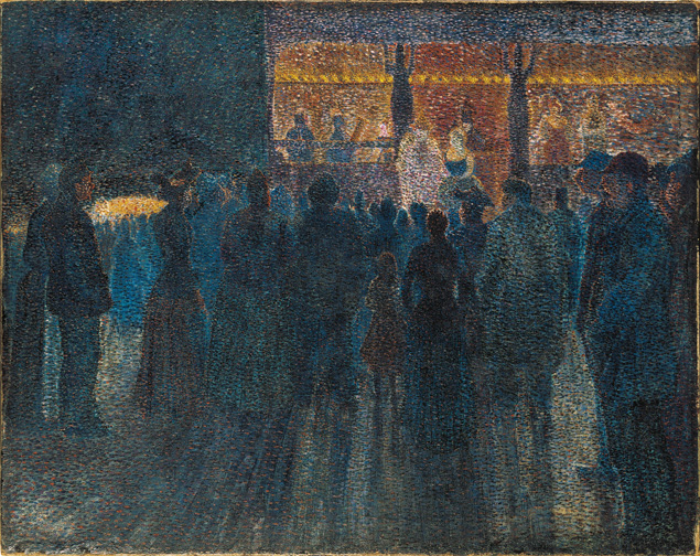 Louis Hayet’s “Fair at Night, the Sideshow (Fête foraine la nuit, la parade)” (1888), oil on canvas. © Association des Amis du Petit Palais, Geneva, photograph courtesy The Metropolitan Museum of Art.
