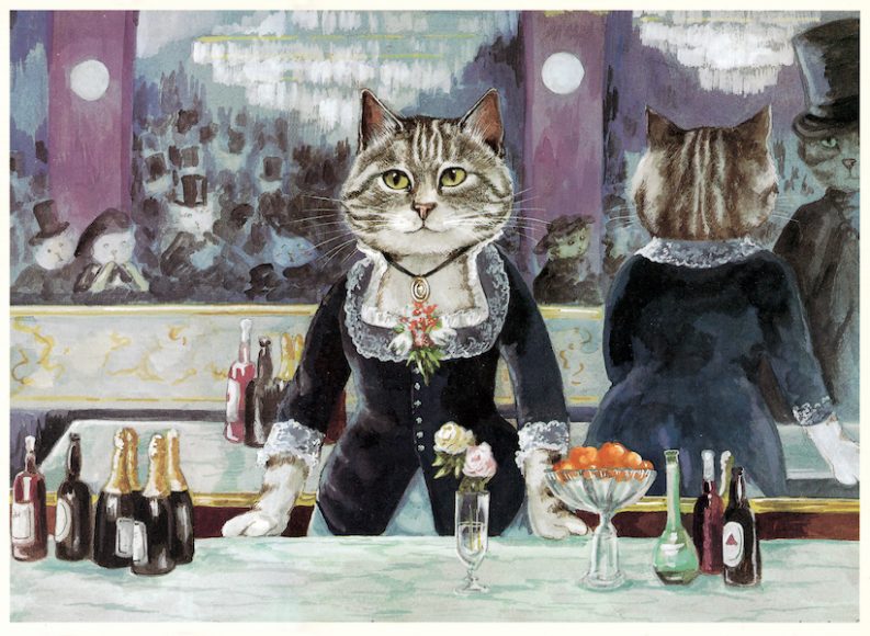 After Édouard Manet, “Bar at the Folies-Bergère”  (1882), ©2015 The Estate of Susan Herbert, from “Cats Galore: A Compendium of Cultured Cats” (Thames & Hudson) by Susan Herbert. Courtesy Thames & Hudson.