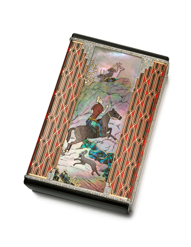 Noble Hunt Vanity and Cigarette Case, 1930; Produced by Van Cleef & Arpels (Paris, France); Mother-of-pearl, hardstone, gold, rose-cut diamonds, enamel, mount of gold; 8.8 × 5.6 × 2 cm (3 7/16 × 2 3/16 × 13/16 in.). Photograph by Doug Rosa. Courtesy Cooper Hewitt, Smithsonian Design Museum.
