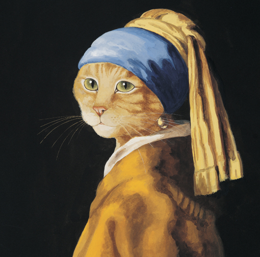 After Jan Vermeer, “Girl with a Pearl Earring” (circa 1665). ©  2015 The Estate of Susan Herbert. From her book “Cats Galore: A Compendium of Cultured Cats” (Thames & Hudson, 2015), offering a feline interpretation of many of the world’s
great artworks. The catnipped company also publishes companion “Cats in Arts” notebooks and notecards.