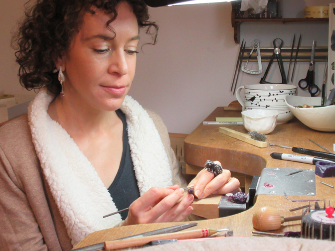 Jewelry designer Manya Tessler of Manya & Roumen at work in her Cold Spring studio. Photograph by Mary Shustack.