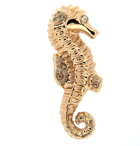 An 18-karat, rose-gold seahorse pin featuring a handmade, hammered and embossed finish, adorned with champagne diamonds, $5,800. Photograph courtesy Vendorafa.