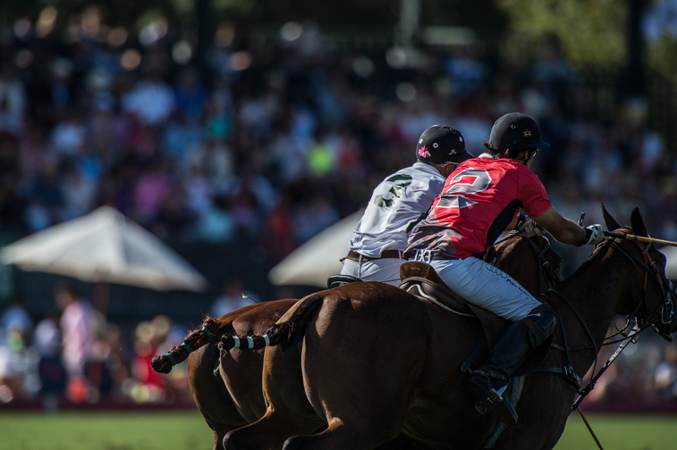 White Birch's Mariano Aguerre and Audi's Leo Mandelbaum in a rideoff in front of the crowds at Greenwich Polo Club for the East Coast Open. Photograph by Marcelo Bianchi.