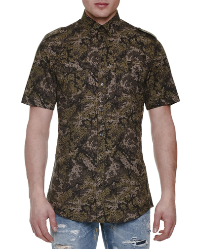 (3) A Pixel, Camo Print, Short-Sleeve Woven Shirt in olive, $595. Photograph courtesy Neiman Marcus.