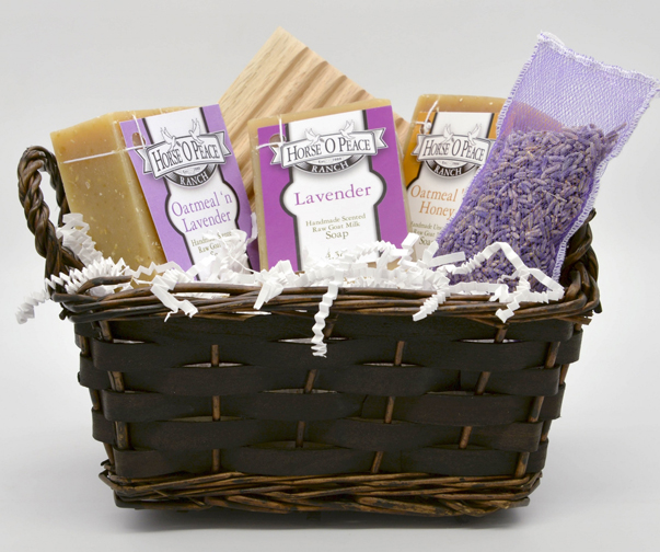 HorseOPeace.com's "Premium Gift Set," which includes three bars of all-natural goat milk soap, a fragrant sachet and a wooden soap dish presented in a wooden basket. •	Photograph by Nick Sanders and courtesy Horse O Peace.
