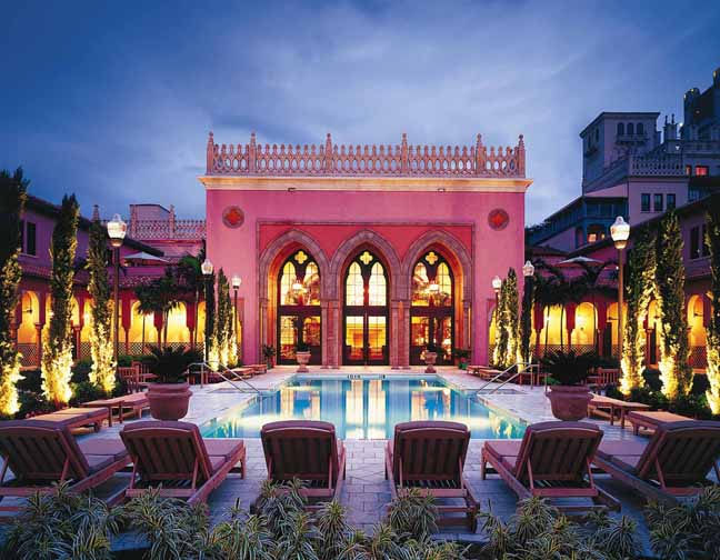 The Spa Palazzo outdoor pool at dusk. Courtesy the Boca Raton Resort and Club.