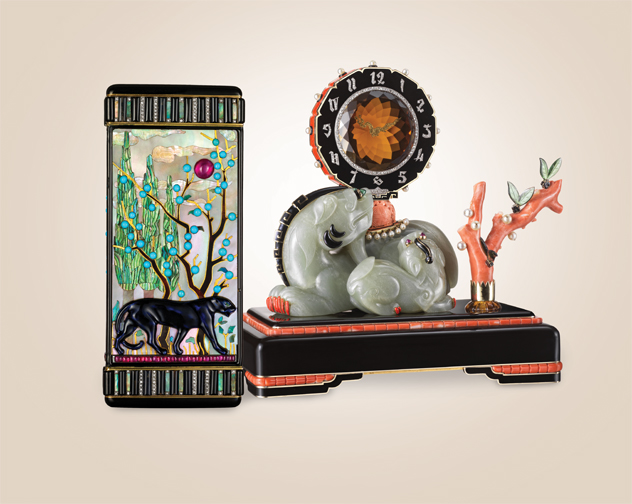 From left: Panther Vanity Case, 1925; Produced by Cartier (Paris, France); Rubies, mother-of-pearl, turquoise, onyx, diamonds, gold, platinum; 10.2 × 4.4 × 1.8 cm (4 in. × 1 3/4 in. × 11/16 in.); and Imperial Guardian Lion Mystery Clock, 1929; Produced by Maurice Couet (French, 1885-1963) for Cartier (Paris, France); Carved nephrite, enamel, gold, cabochon emeralds, cabochon rubies, carved citrine, rose-cut diamonds, carved coral, pearls, platinum; 17 × 9.3 × 16.2 cm (6 11/16 × 3 11/16 × 6 3/8 in.)Photographs by Doug Rosa. Courtesy Cooper 