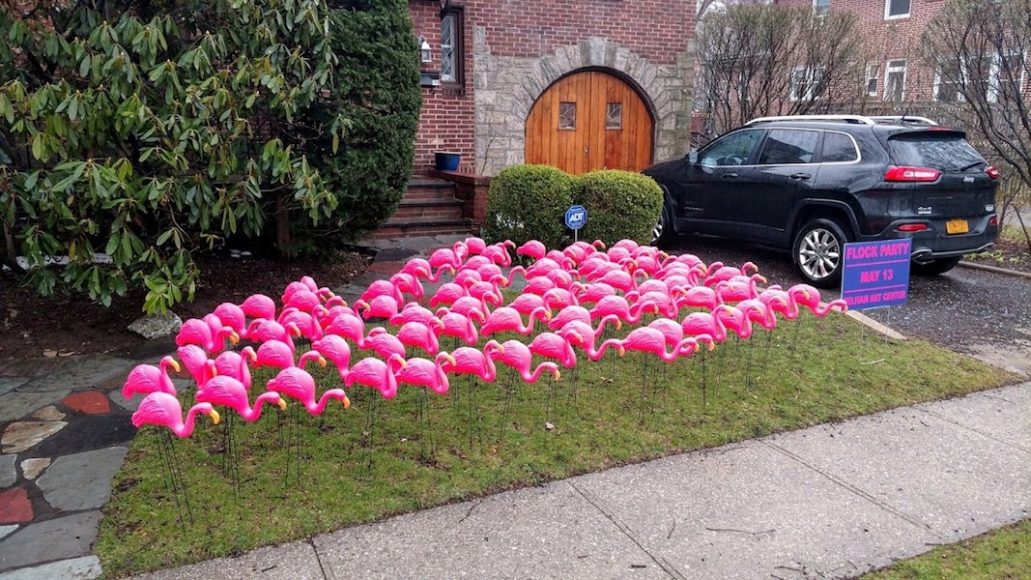 Flamingos have been popping up throughout Pelham to promote the Pelham Art Center’s “Flock Party.” Photograph courtesy Pelham Art Center.